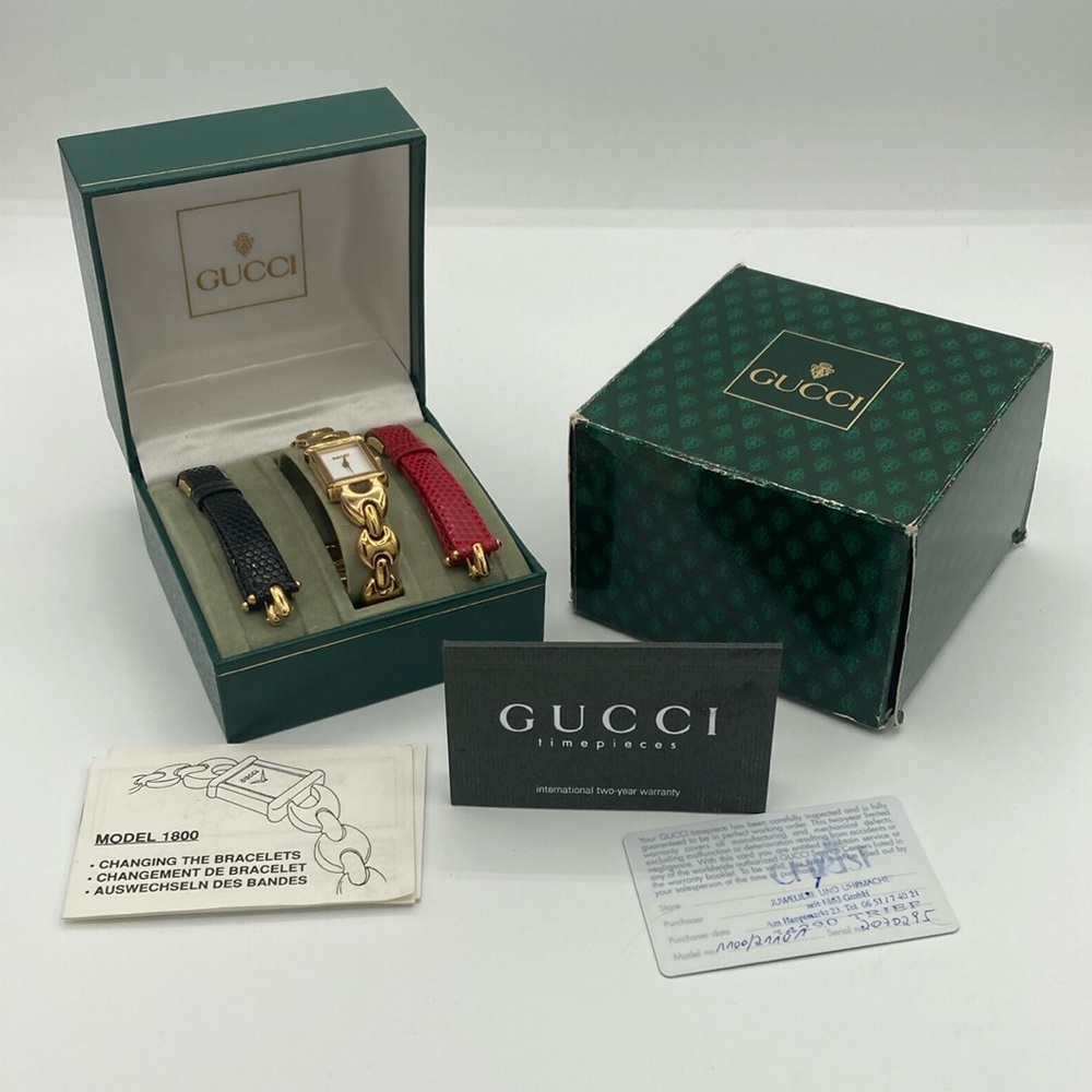 Vintage GUCCI Swiss Made Gold watch with Black/Red Bands w/ Original Boxes -HOT!